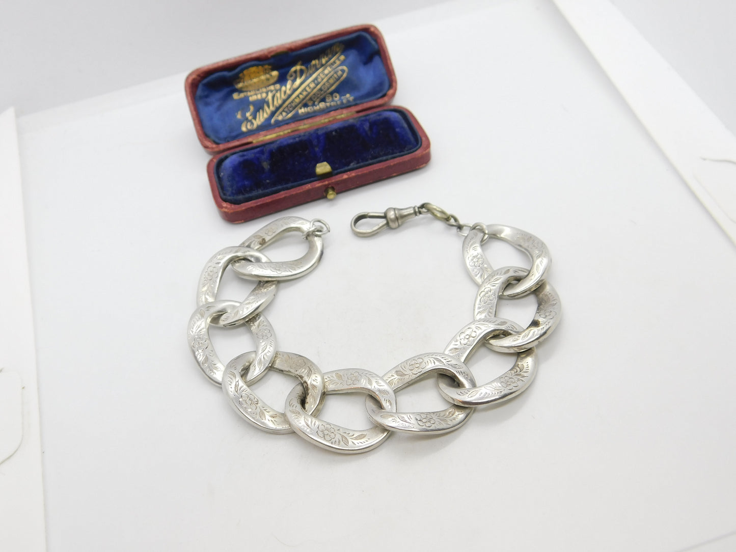 Victorian Sterling Silver Floral Pattern Curb Link Bracelet c1880 Antique