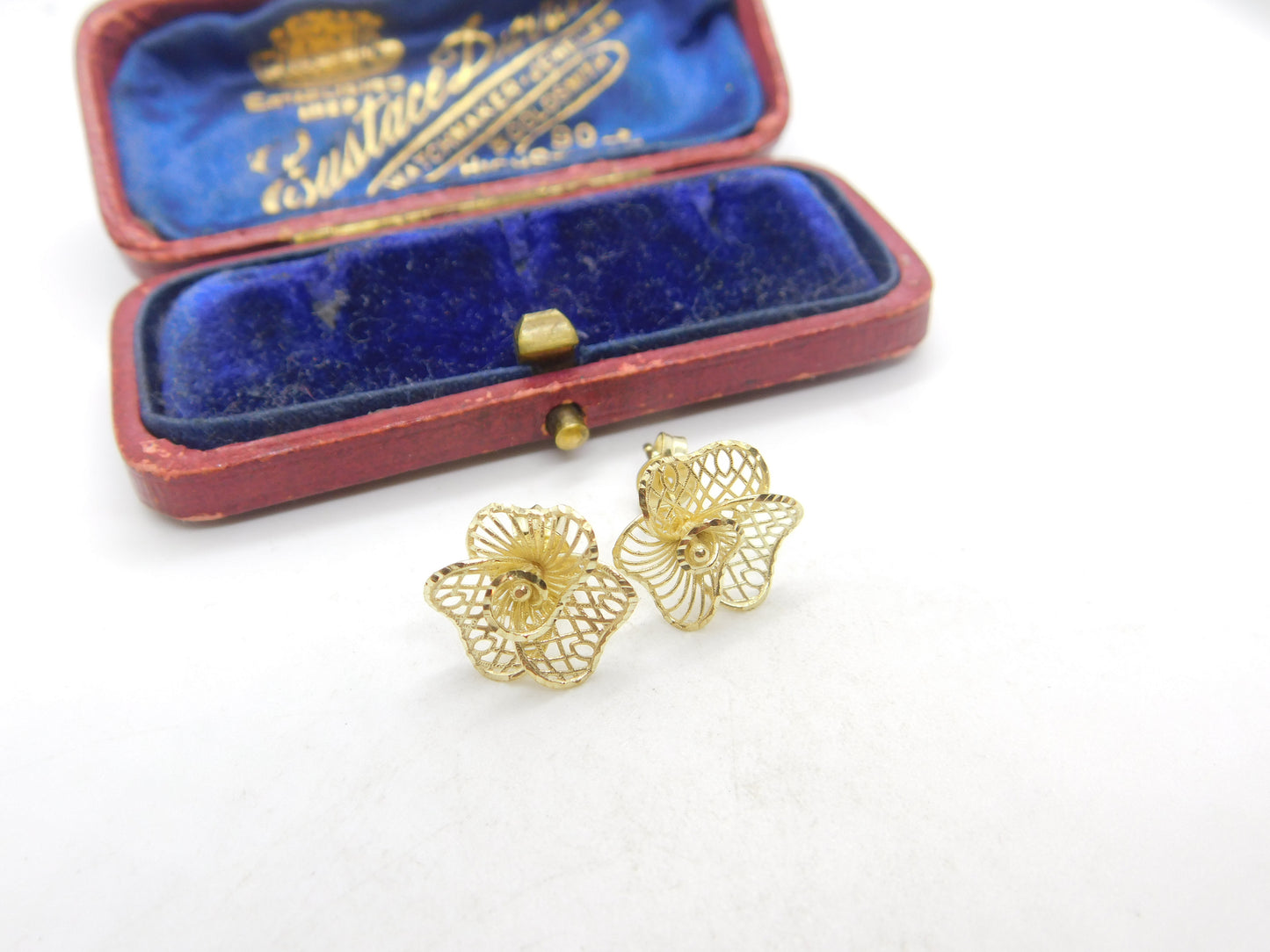 9ct Yellow Gold Filigree Form Spring Flower Stud Earrings Vintage c1990