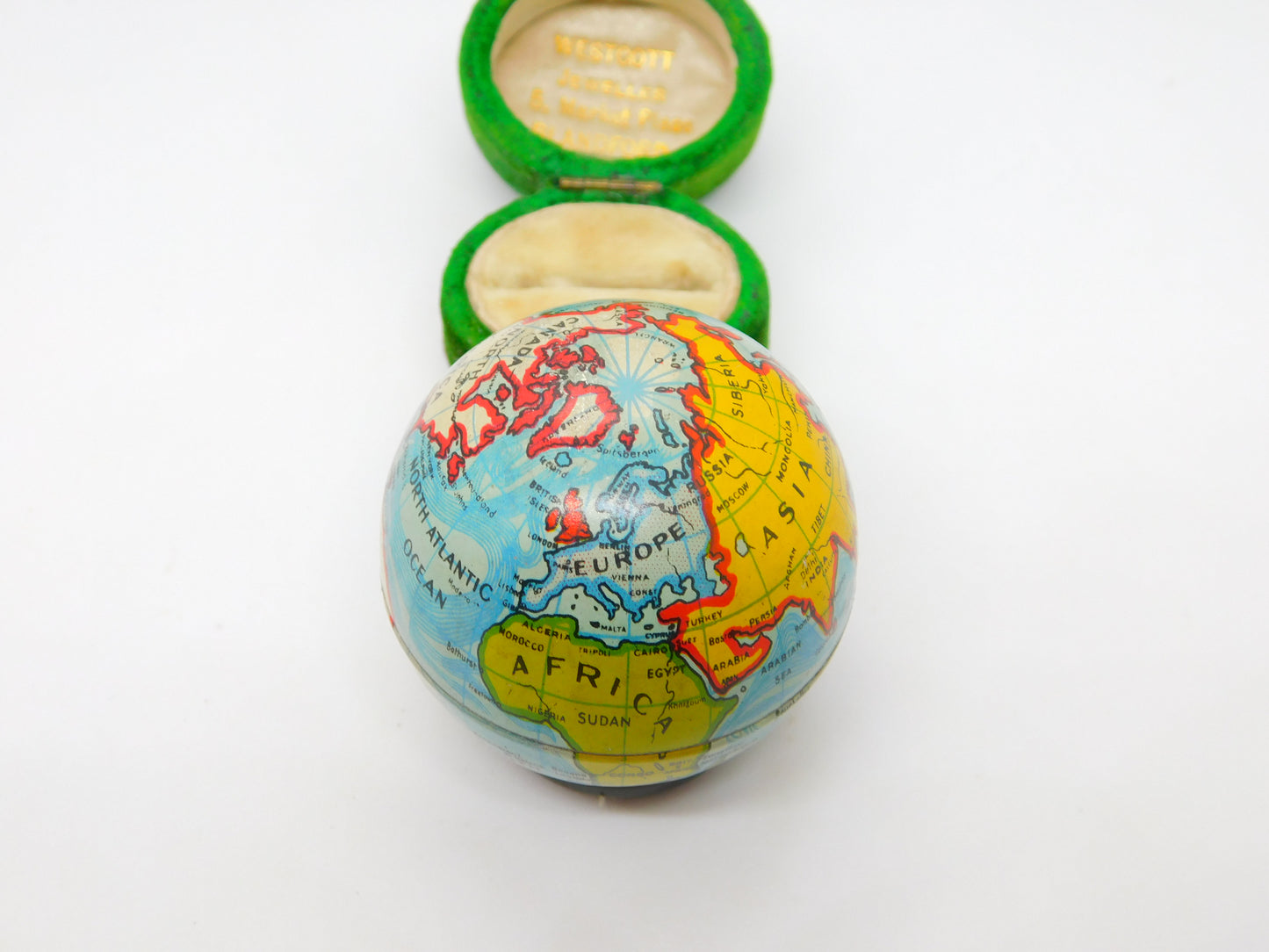 Novelty Tinplate Globe Form Sewing Tape Measure Antique c1920 Art Deco