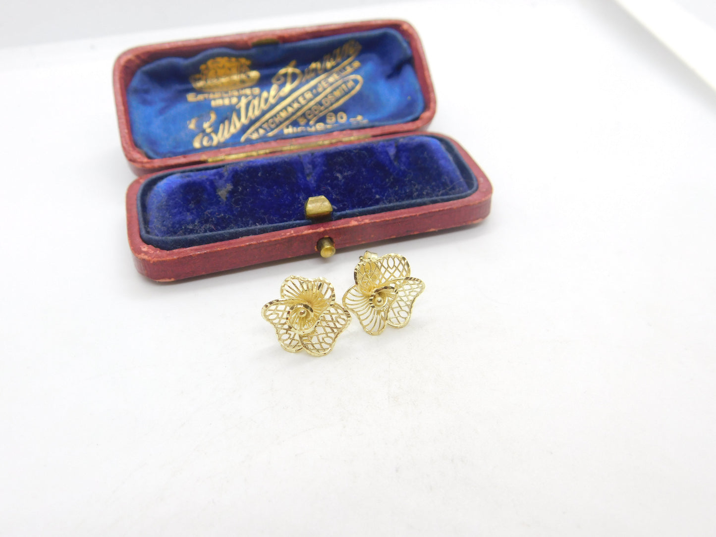 9ct Yellow Gold Filigree Form Spring Flower Stud Earrings Vintage c1990