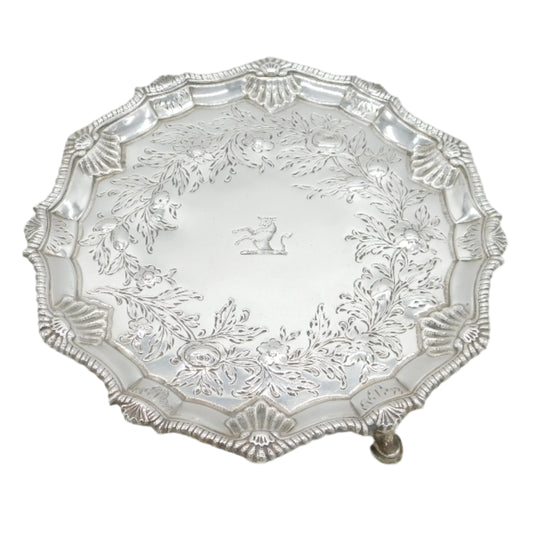 George III Sterling Silver Floral Pattern Cow Crest Salver Antique 1764 London