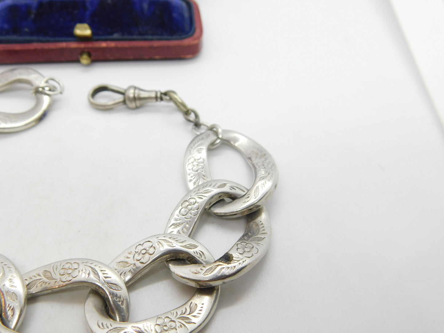 Victorian Sterling Silver Floral Pattern Curb Link Bracelet c1880 Antique