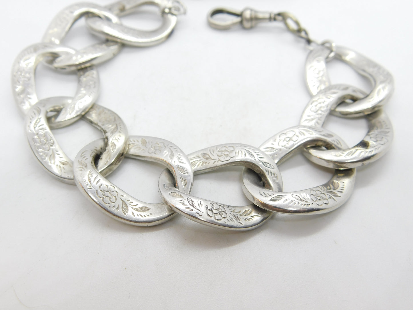 Victorian Sterling Silver Floral Pattern Curb Link Bracelet c1880 Antique