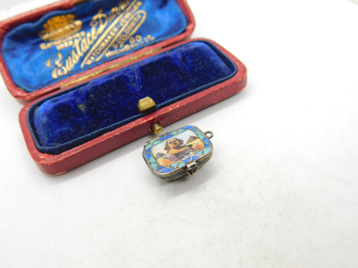 Norwegian Enamel Moses Basket Silver Charm Pendant Antique Egyptian Revival c1920