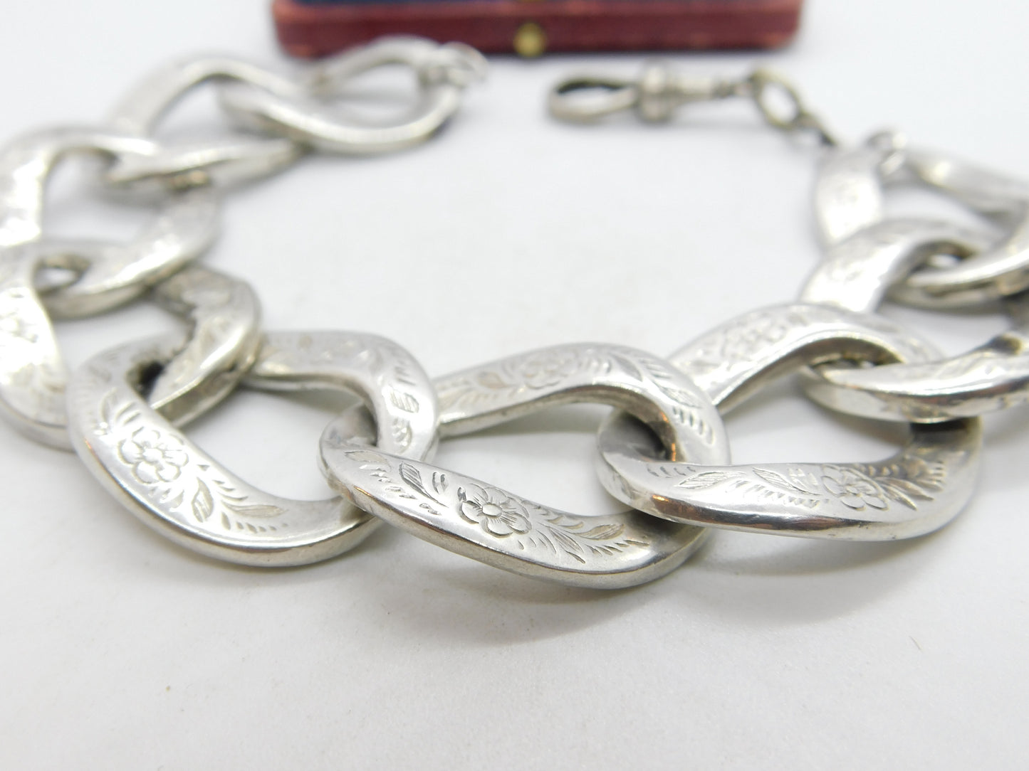 Victorian Sterling Silver Floral Pattern Curb Link Bracelet c1880 Antique