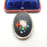 Pietra Dura Pink Rose Flower in Sterling Silver Brooch Antique Victorian c1890
