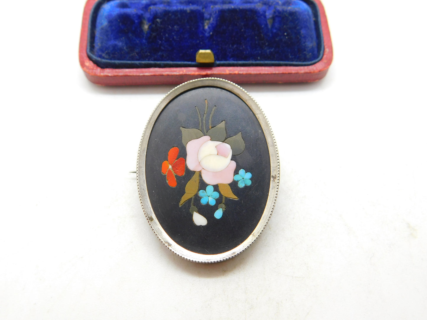 Pietra Dura Pink Rose Flower in Sterling Silver Brooch Antique Victorian c1890