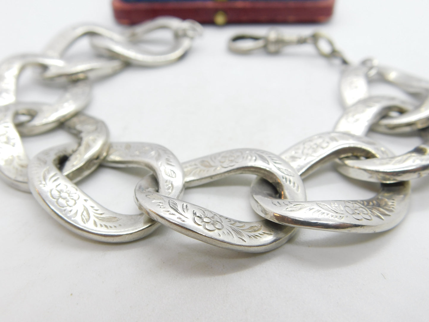 Victorian Sterling Silver Floral Pattern Curb Link Bracelet c1880 Antique