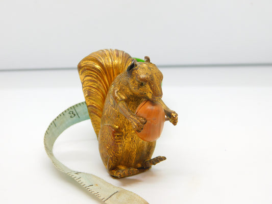 Victorian Gilt Metal Novelty Squirrel with Acorn Nut Sewing Tape Measure Antique c1880