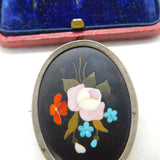 Pietra Dura Pink Rose Flower in Sterling Silver Brooch Antique Victorian c1890