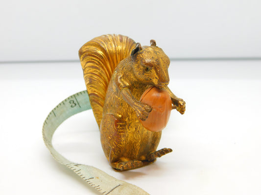 Victorian Gilt Metal Novelty Squirrel with Acorn Nut Sewing Tape Measure Antique c1880