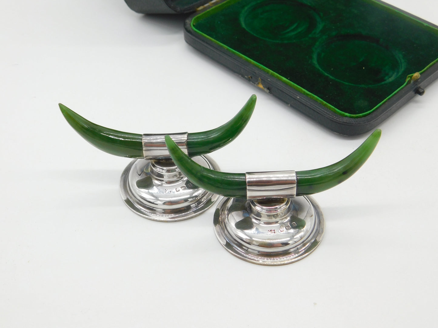 Boxed Edwardian Sterling Silver & Nephrite Jade Knife Rests Antique 1909 Wilkes