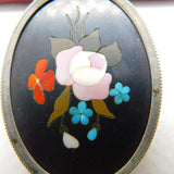 Pietra Dura Pink Rose Flower in Sterling Silver Brooch Antique Victorian c1890