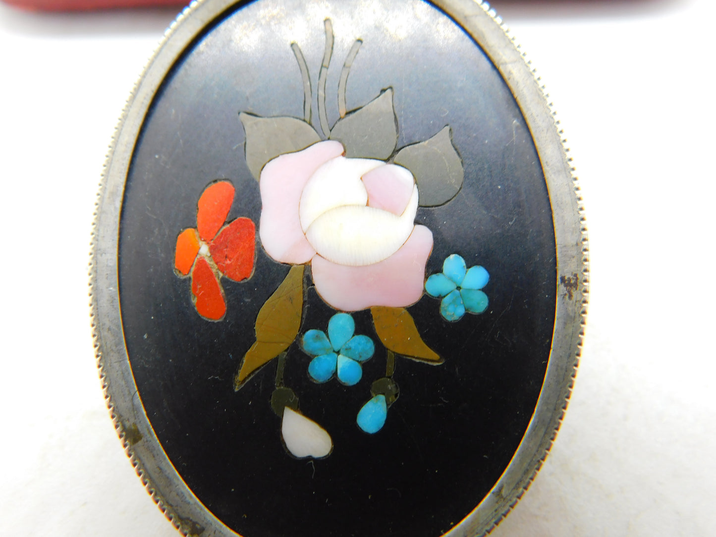 Pietra Dura Pink Rose Flower in Sterling Silver Brooch Antique Victorian c1890