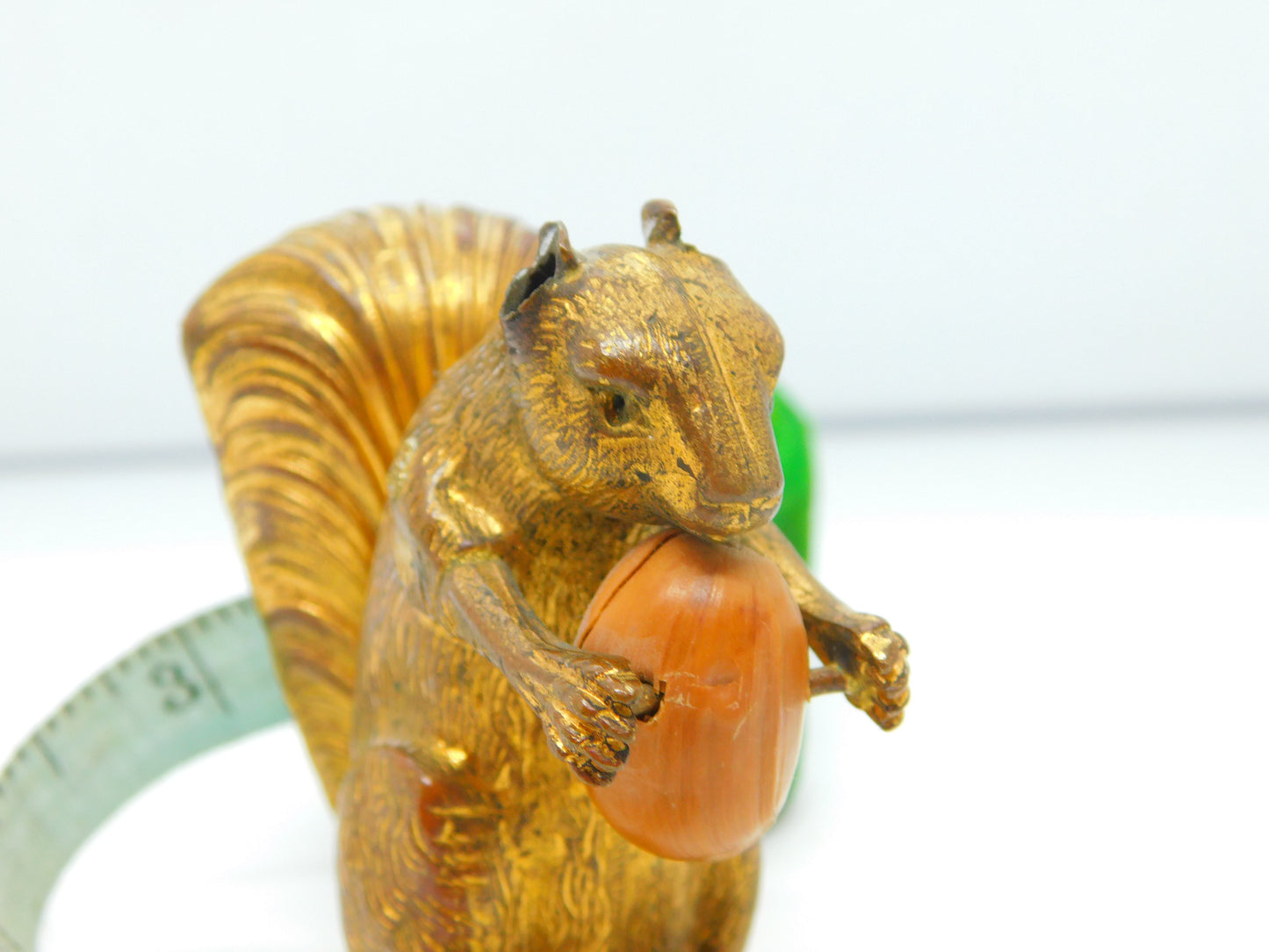 Victorian Gilt Metal Novelty Squirrel with Acorn Nut Sewing Tape Measure Antique c1880