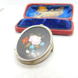 Pietra Dura Pink Rose Flower in Sterling Silver Brooch Antique Victorian c1890