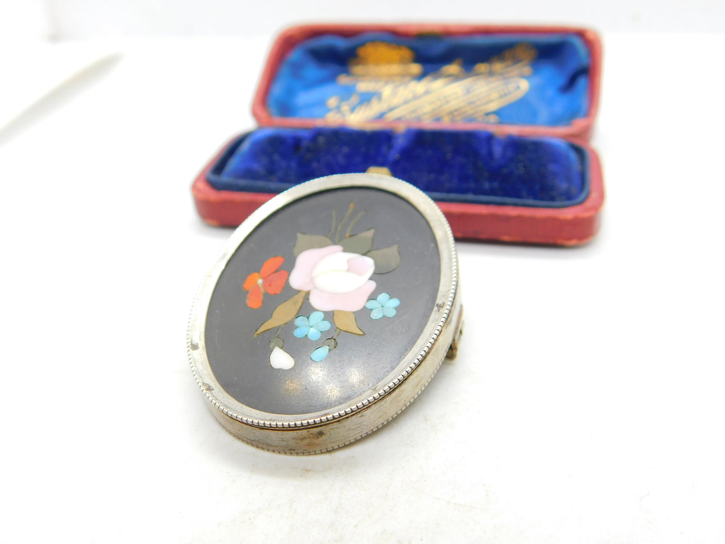 Pietra Dura Pink Rose Flower in Sterling Silver Brooch Antique Victorian c1890