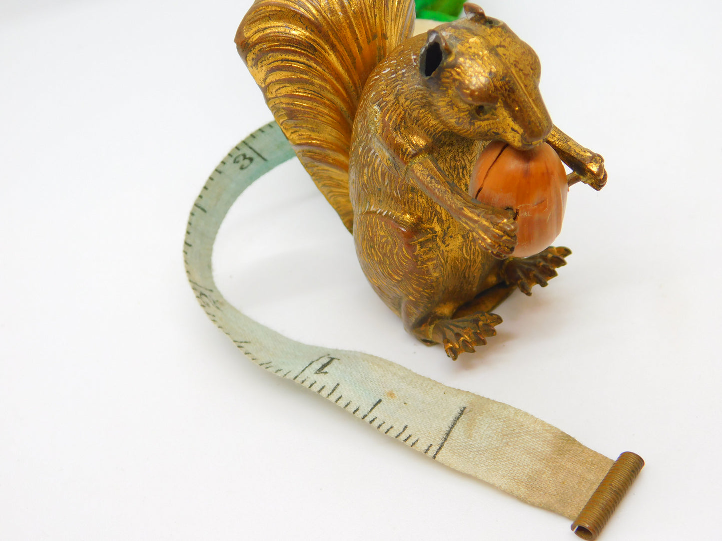 Victorian Gilt Metal Novelty Squirrel with Acorn Nut Sewing Tape Measure Antique c1880