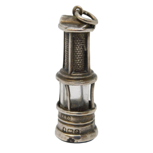 Edwardian Sterling Silver Bloodstone Set Miners Lamp Fob Pendant Antique 1902