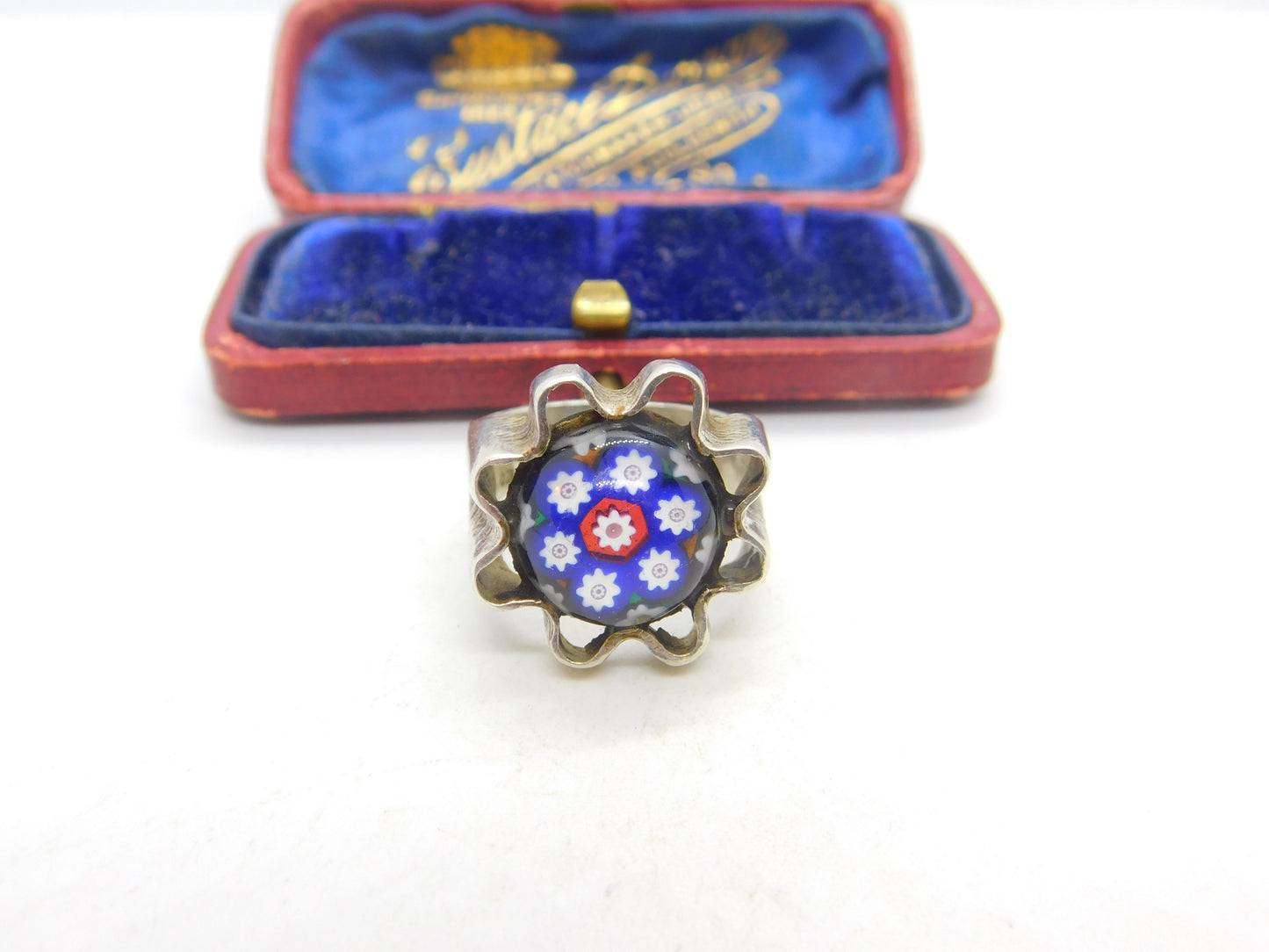 Scottish Caithness Glass Sterling Silver Millefiori Floral Glass Signet Ring 1979 Edinburgh