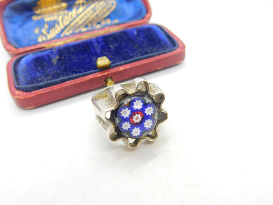 Scottish Caithness Glass Sterling Silver Millefiori Floral Glass Signet Ring 1979 Edinburgh