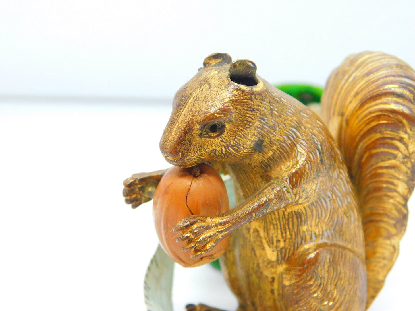 Victorian Gilt Metal Novelty Squirrel with Acorn Nut Sewing Tape Measure Antique c1880