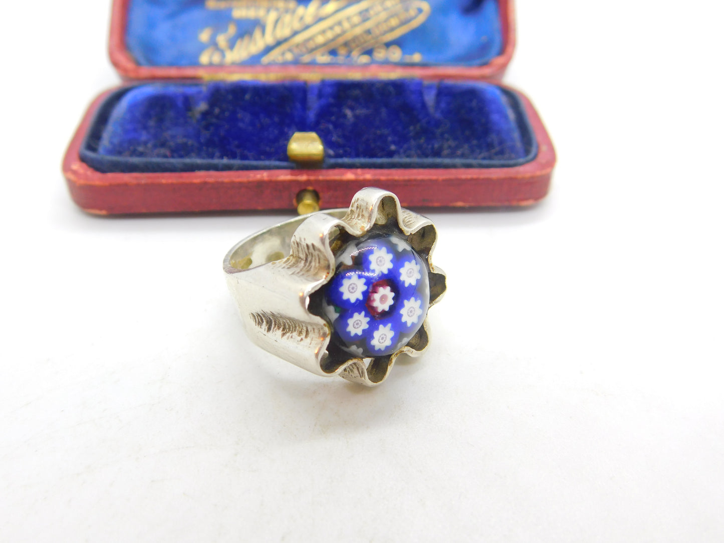 Scottish Caithness Glass Sterling Silver Millefiori Floral Glass Signet Ring 1979 Edinburgh