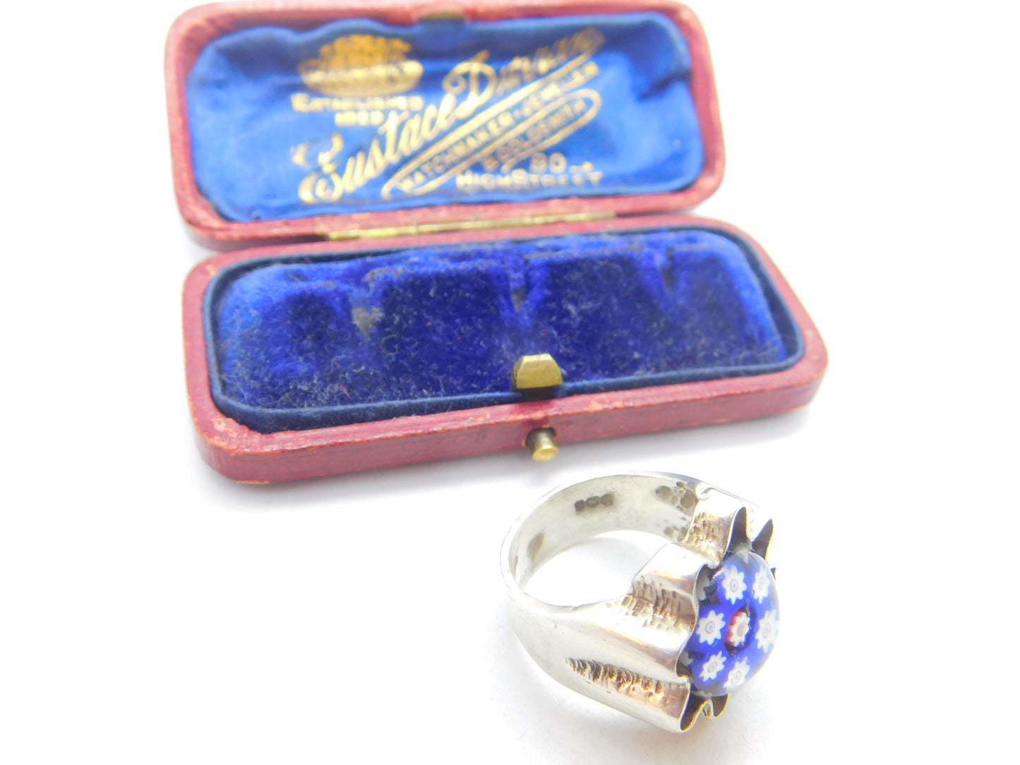 Scottish Caithness Glass Sterling Silver Millefiori Floral Glass Signet Ring 1979 Edinburgh