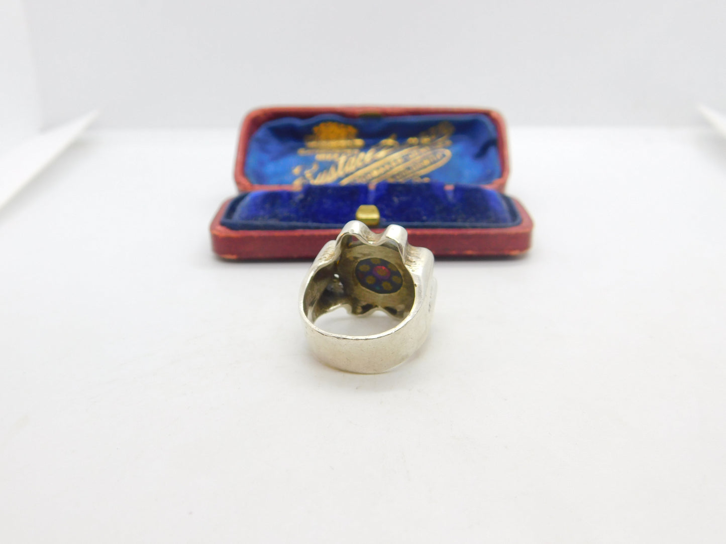 Scottish Caithness Glass Sterling Silver Millefiori Floral Glass Signet Ring 1979 Edinburgh