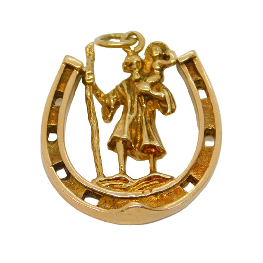 9ct Gold, Good Luck Horseshoe St. Christopher Travel Pendant Vintage 1971 London