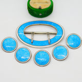 Edwardian Sterling Silver Guilloche Enamel Buckle & Button Set 1909 Antique