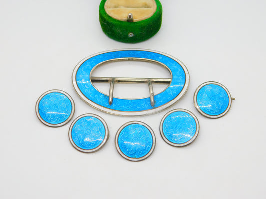 Edwardian Sterling Silver Guilloche Enamel Buckle & Button Set 1909 Antique