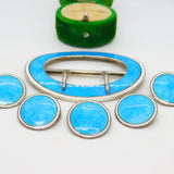 Edwardian Sterling Silver Guilloche Enamel Buckle & Button Set 1909 Antique