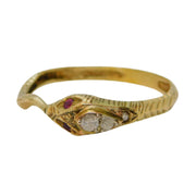 9ct Yellow Gold, Diamond, Ruby Snake or Serpent Ring Vintage 1989 Birmingham