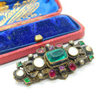 Austro Hungarian Sterling Silver Emerald Paste Brooch Antique Victorian c1860