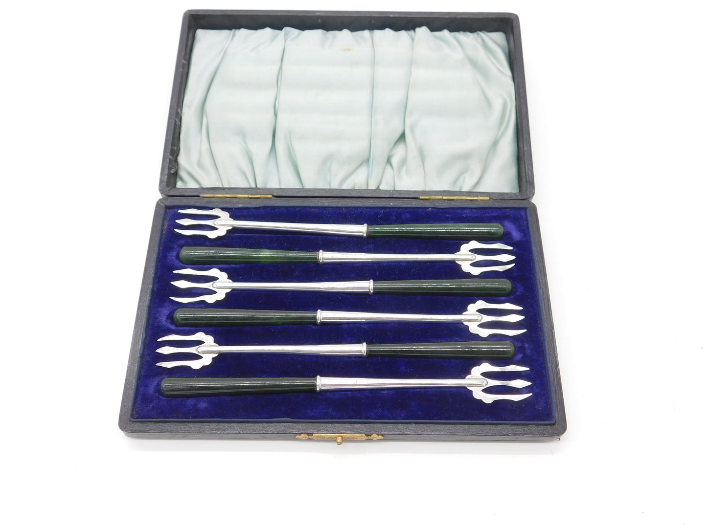 Boxed Set of Edwardian Sterling Silver & Nephrite Jade Pastry Forks Antique 1909