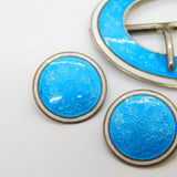 Edwardian Sterling Silver Guilloche Enamel Buckle & Button Set 1909 Antique