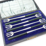 Boxed Set of Edwardian Sterling Silver & Nephrite Jade Pastry Forks Antique 1909