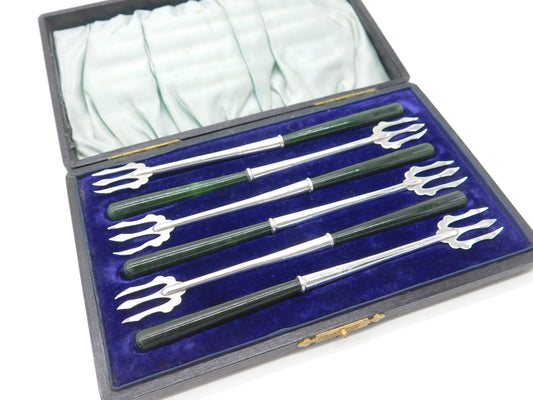 Boxed Set of Edwardian Sterling Silver & Nephrite Jade Pastry Forks Antique 1909