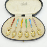 Boxed Set of Sterling Silver & Enamel Teaspoons Antique 1930 Birmingham Deco
