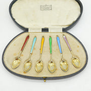 Boxed Set of Sterling Silver & Enamel Teaspoons Antique 1930 Birmingham Deco