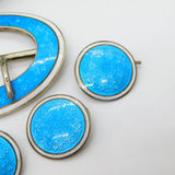 Edwardian Sterling Silver Guilloche Enamel Buckle & Button Set 1909 Antique
