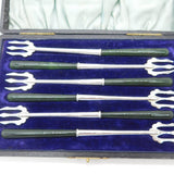 Boxed Set of Edwardian Sterling Silver & Nephrite Jade Pastry Forks Antique 1909