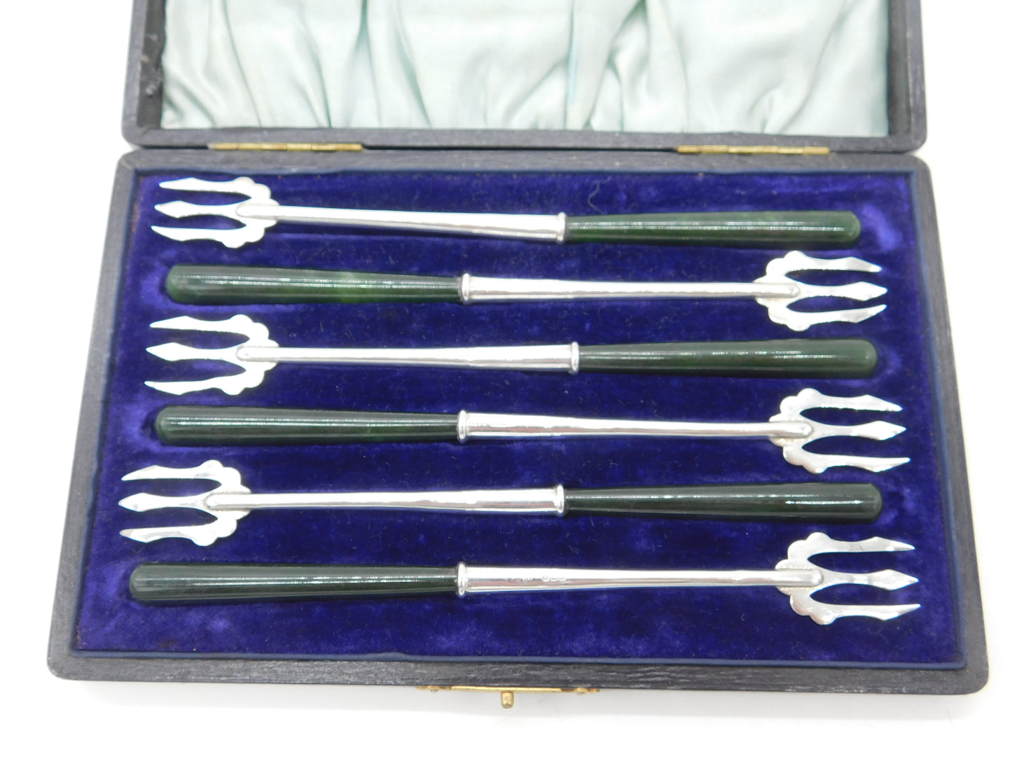 Boxed Set of Edwardian Sterling Silver & Nephrite Jade Pastry Forks Antique 1909