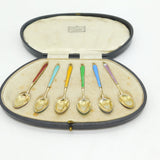Boxed Set of Sterling Silver & Enamel Teaspoons Antique 1930 Birmingham Deco