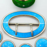 Edwardian Sterling Silver Guilloche Enamel Buckle & Button Set 1909 Antique