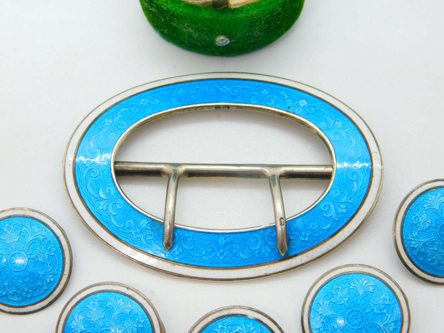 Edwardian Sterling Silver Guilloche Enamel Buckle & Button Set 1909 Antique