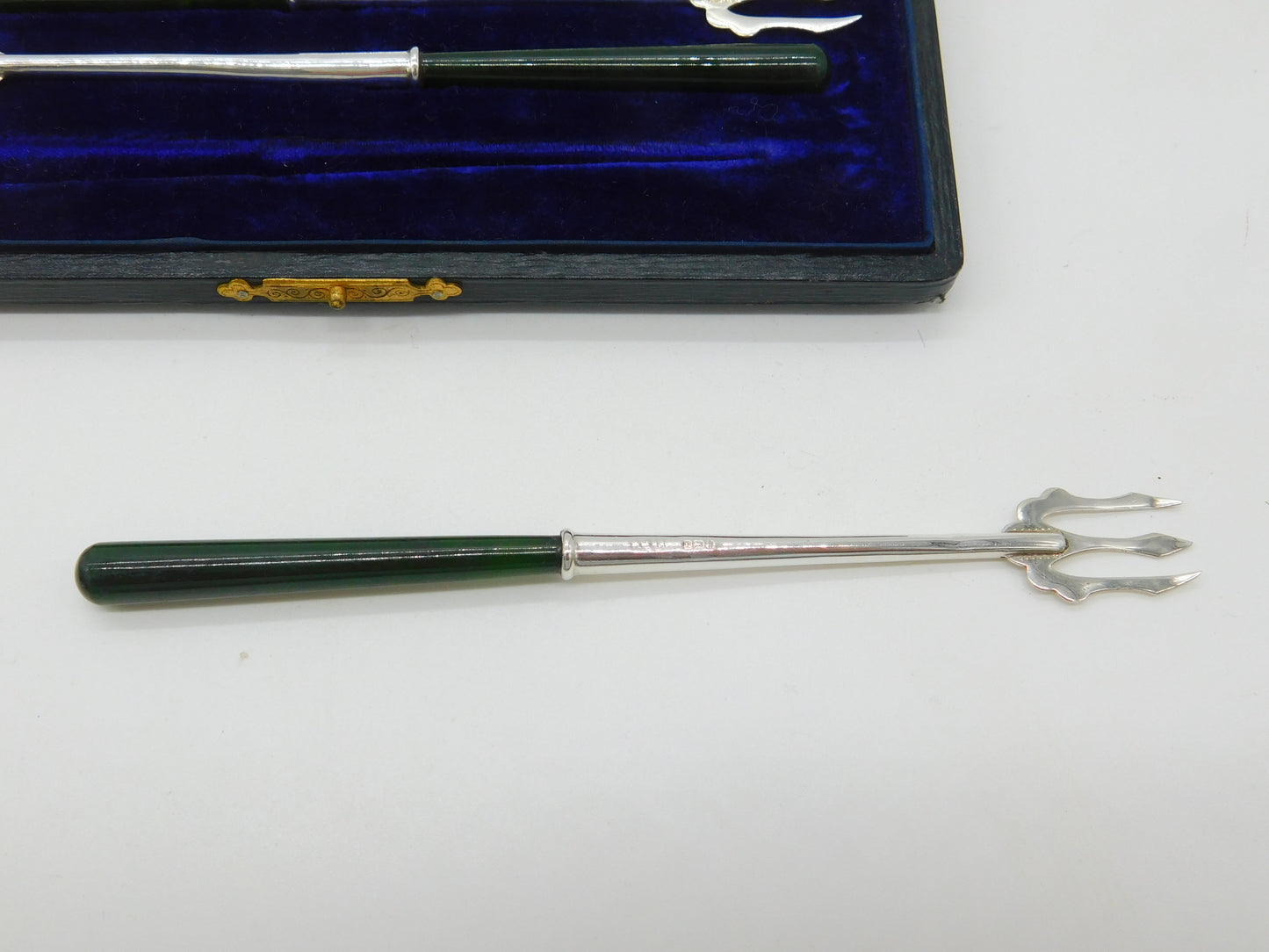 Boxed Set of Edwardian Sterling Silver & Nephrite Jade Pastry Forks Antique 1909