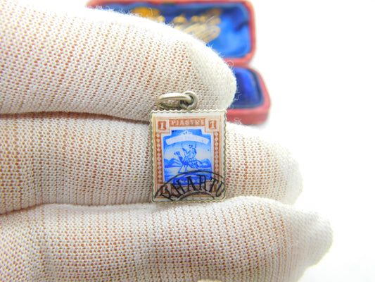 Edwardian .800 Silver & Enamel Sudanese Postage Stamp Souvenir Charm c1910