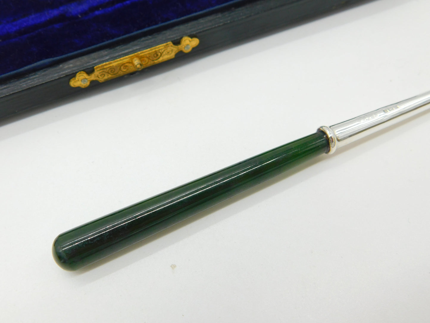 Boxed Set of Edwardian Sterling Silver & Nephrite Jade Pastry Forks Antique 1909